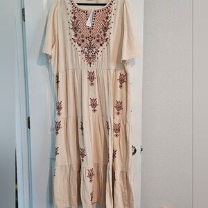 Soft Surroundings Cream Maxi Dress with Red Embroidery